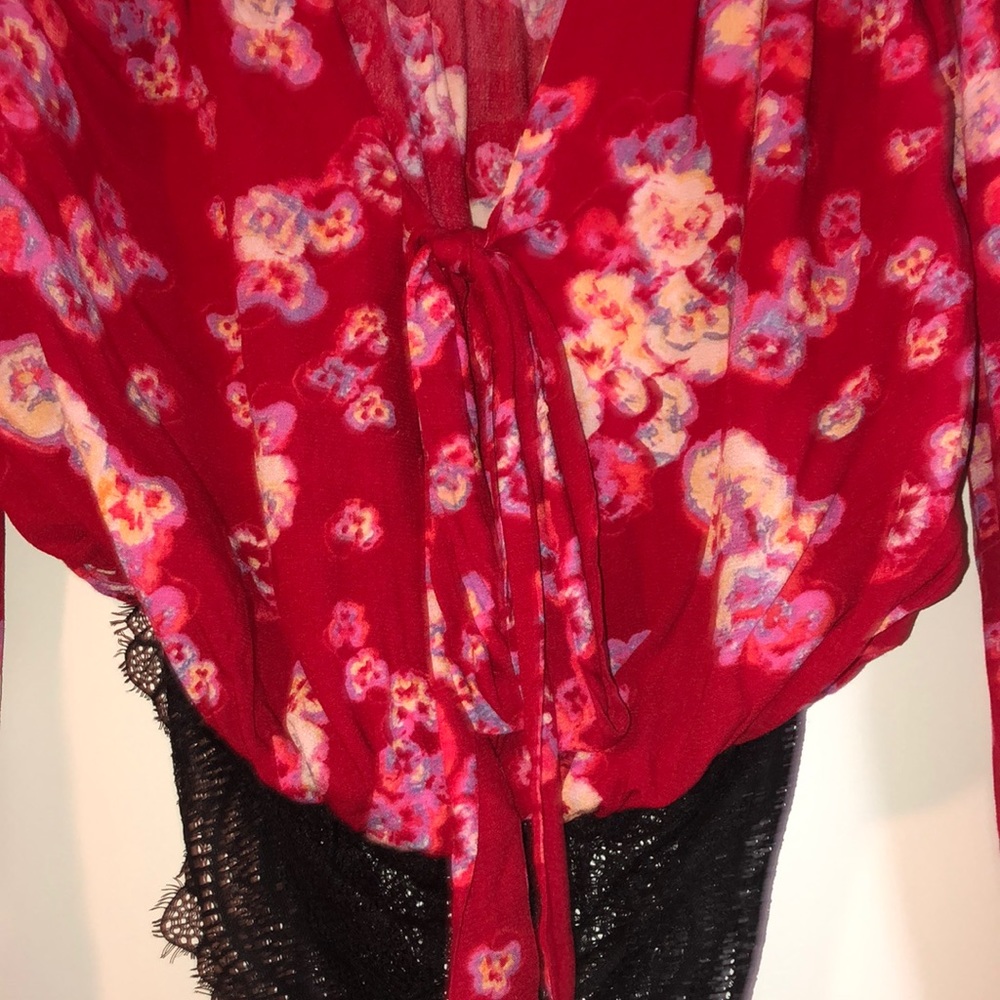 Free People Red Floral Body Suit Size Small - Picture 4 of 5